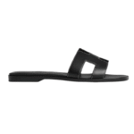 Hermes Oran Sandal Black Calfskin - White Top Stitch Flat Shoes