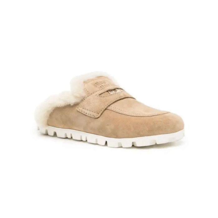 Miu Miu Flat Sabots in Suede & Shearling Beige - Image 2