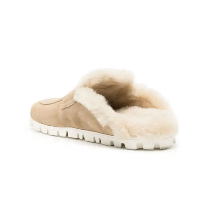 Miu Miu Flat Sabots in Suede & Shearling Beige - Image 3