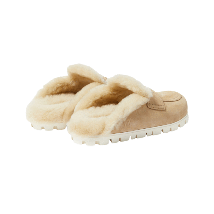 Miu Miu Flat Sabots in Suede & Shearling Beige - Image 6