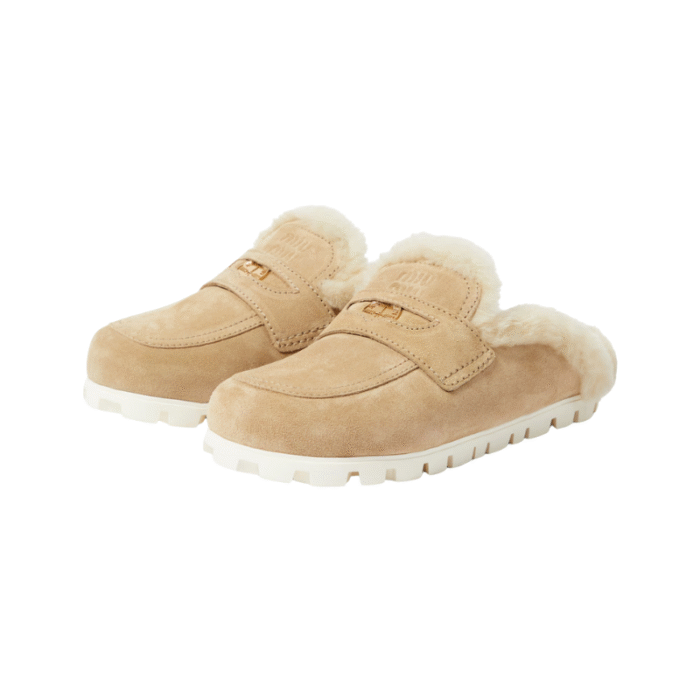 Miu Miu Flat Sabots in Suede & Shearling Beige - Image 5