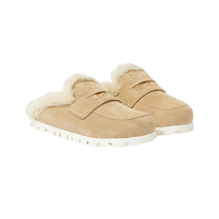 Miu Miu Flat Sabots in Suede & Shearling Beige - Image 4