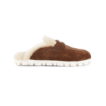Miu Miu Flat Sabots in Suede & Shearling Brown