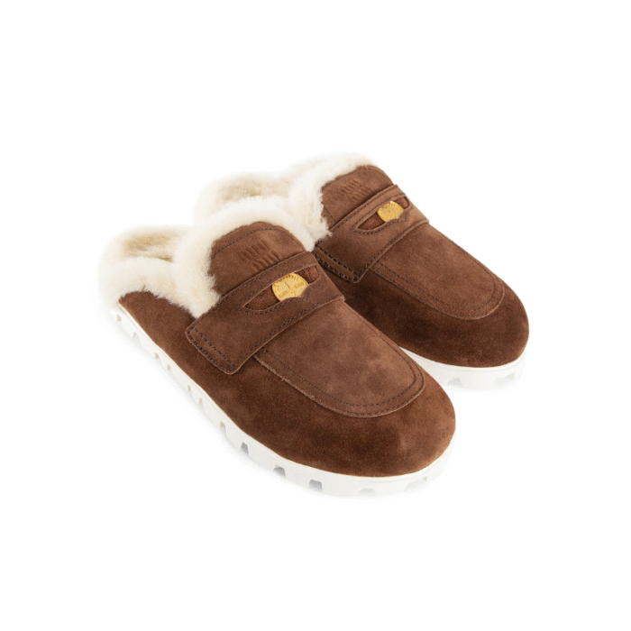 Miu Miu Flat Sabots in Suede & Shearling Brown - Image 4